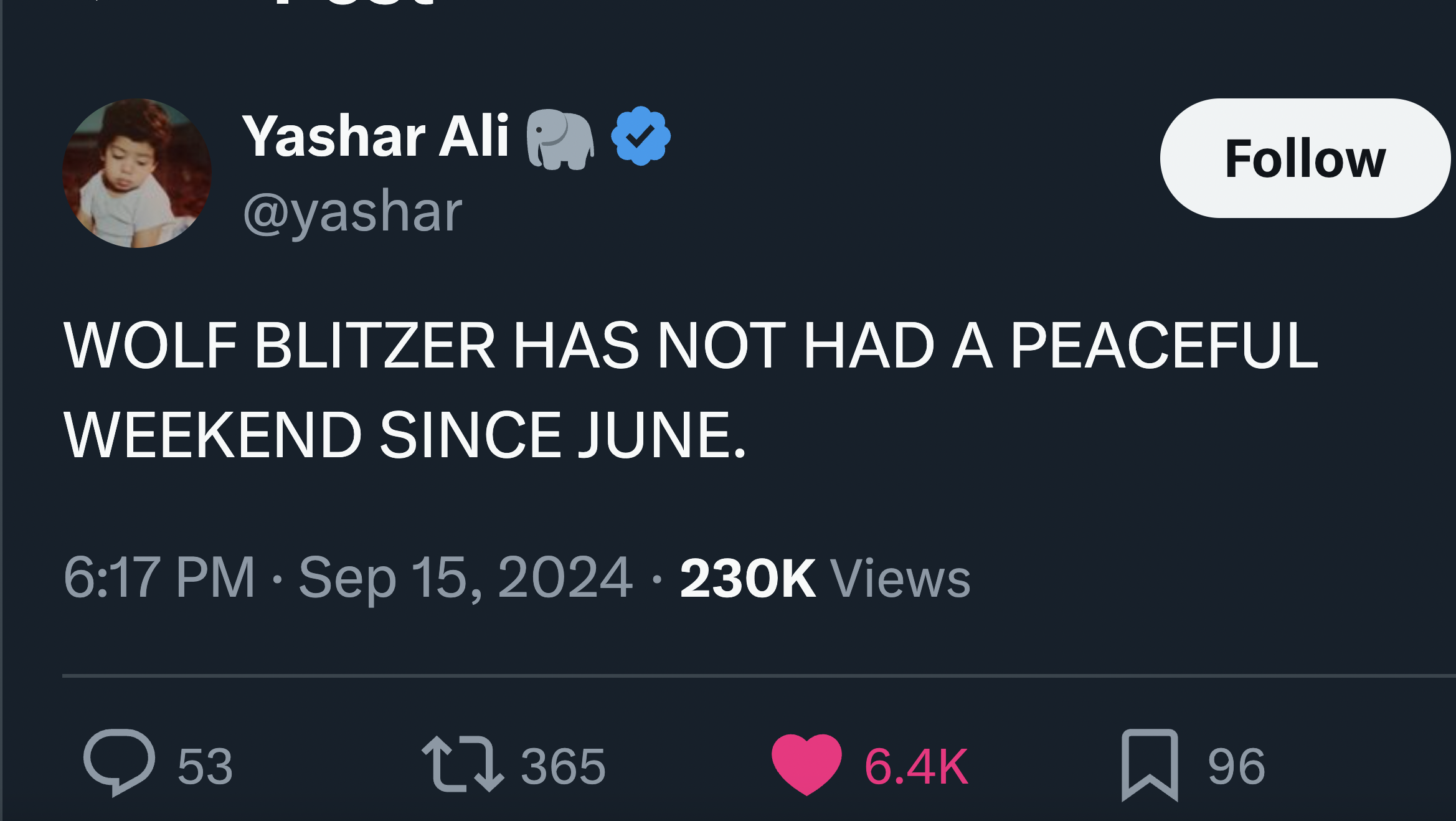 screenshot - Yashar Ali Wolf Blitzer Has Not Had A Peaceful Weekend Since June. Views 53 17365 96